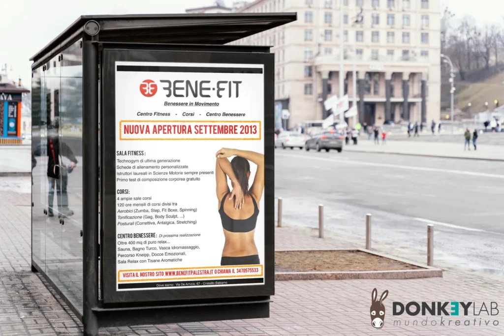 Locandina per inaugurazione della palestra Bene-Fit, il primo lavoro di Donkey Lab