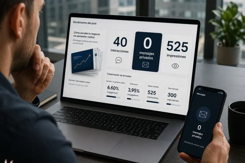 Carosello o testo su LinkedIn: 40 interazioni, 0 messaggi privati e 525 impressioni